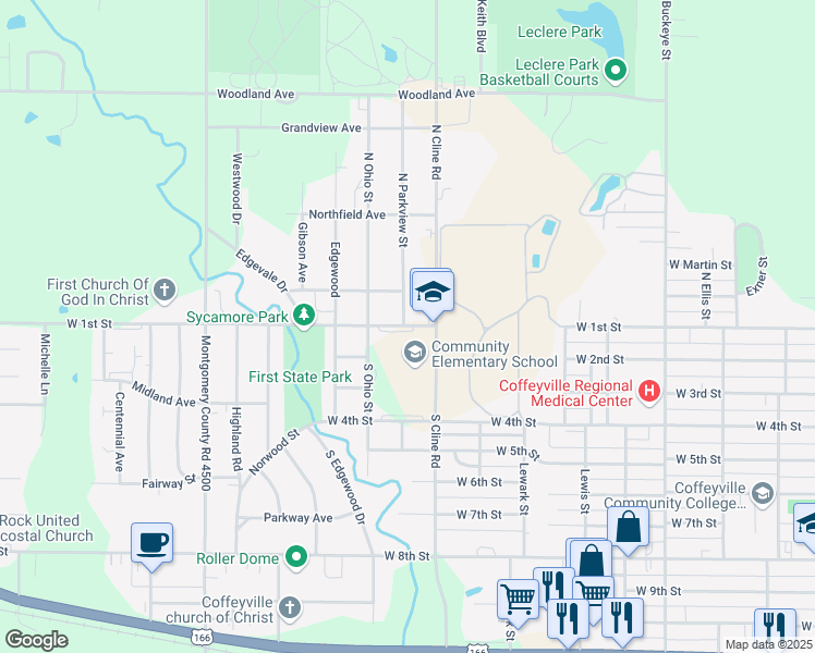 map of restaurants, bars, coffee shops, grocery stores, and more near 102 South Cline Road in Coffeyville