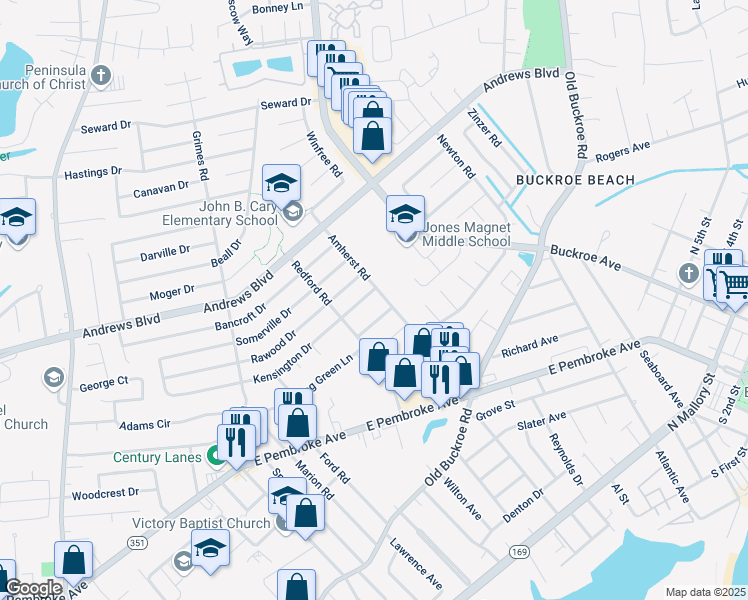 map of restaurants, bars, coffee shops, grocery stores, and more near 2014 Kensington Drive in Hampton