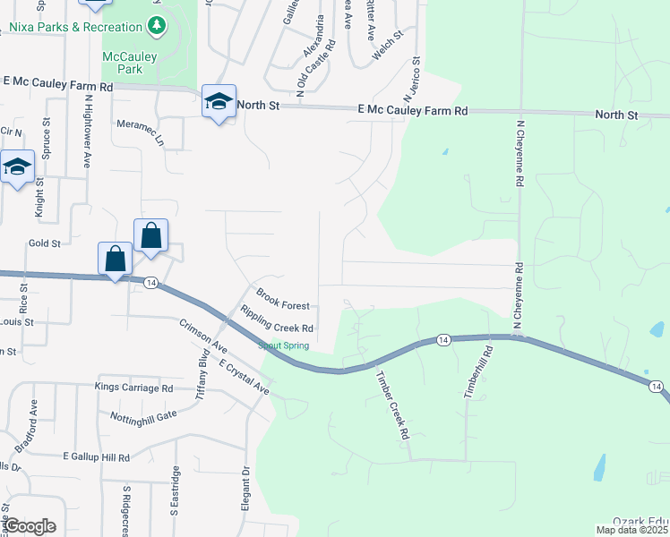 map of restaurants, bars, coffee shops, grocery stores, and more near 120 North Peach Brook in Nixa