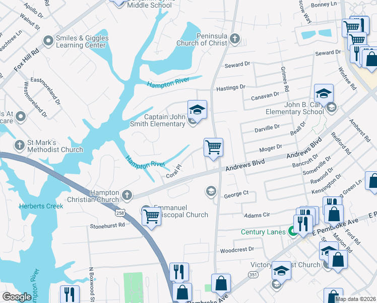 map of restaurants, bars, coffee shops, grocery stores, and more near 1349 Coral Place in Hampton