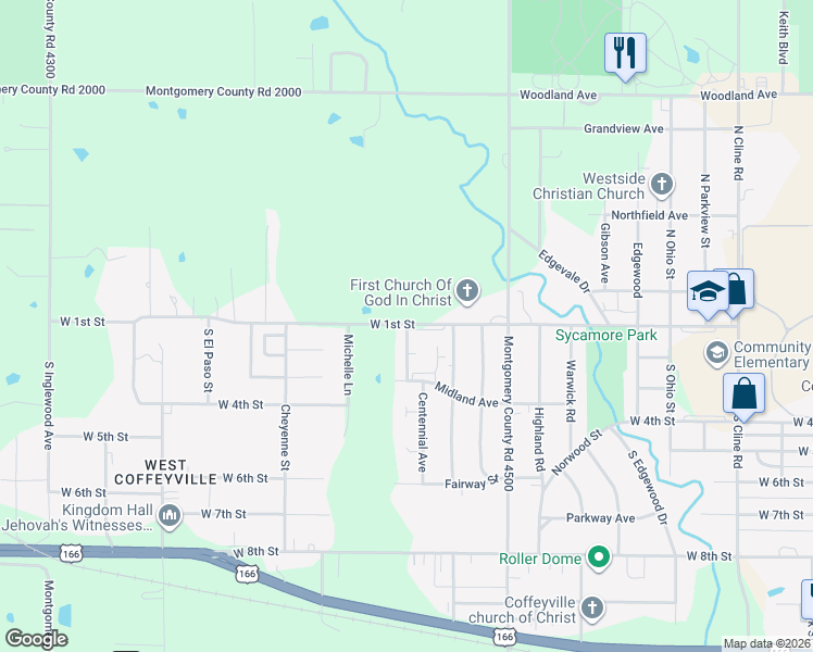 map of restaurants, bars, coffee shops, grocery stores, and more near 204 Catalpa Street in Coffeyville