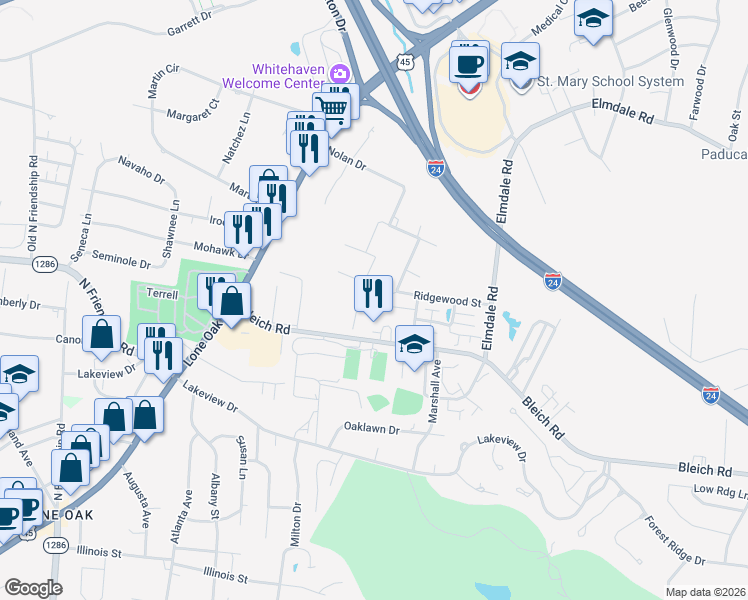 map of restaurants, bars, coffee shops, grocery stores, and more near 2238-2244 Olympia Avenue in Paducah