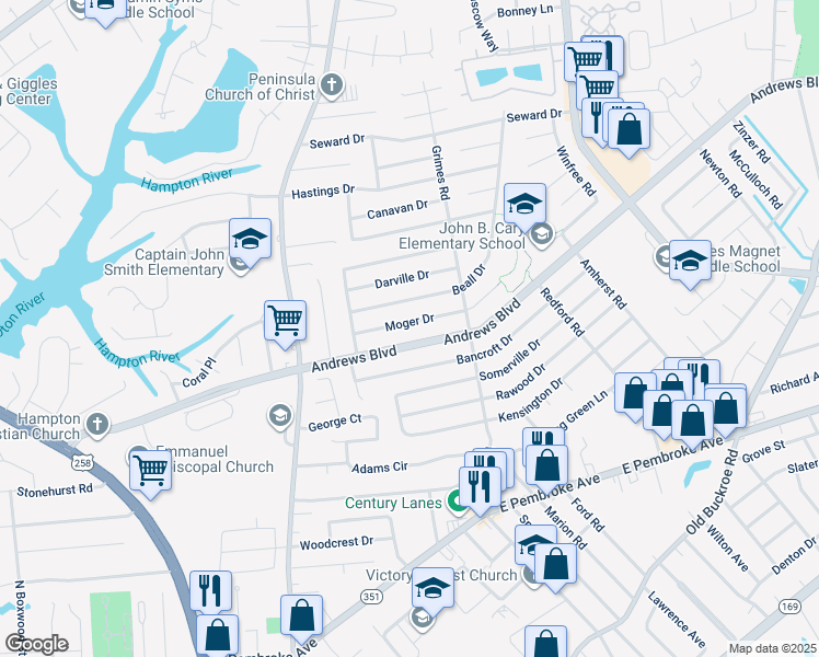 map of restaurants, bars, coffee shops, grocery stores, and more near 1821 Moger Drive in Hampton