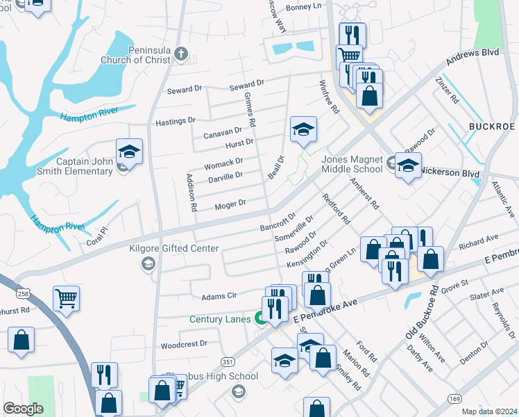map of restaurants, bars, coffee shops, grocery stores, and more near 1840 Moger Drive in Hampton