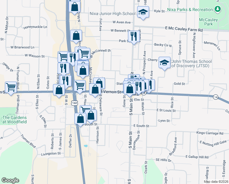 map of restaurants, bars, coffee shops, grocery stores, and more near 201 West Mount Vernon Street in Nixa