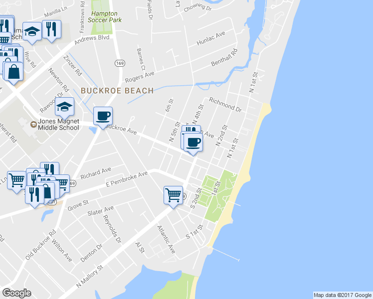 map of restaurants, bars, coffee shops, grocery stores, and more near 410 Buckroe Avenue in Hampton