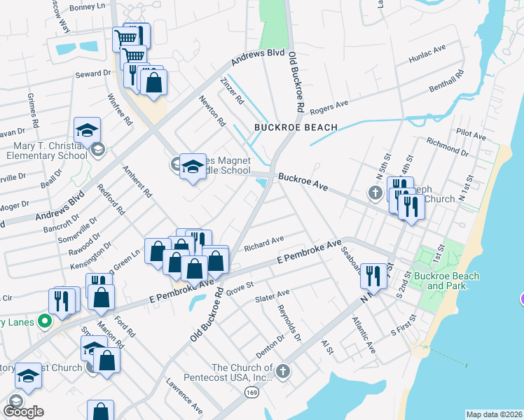 map of restaurants, bars, coffee shops, grocery stores, and more near in Hampton