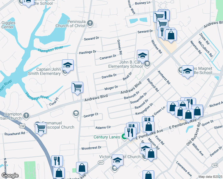 map of restaurants, bars, coffee shops, grocery stores, and more near 1821 Moger Drive in Hampton