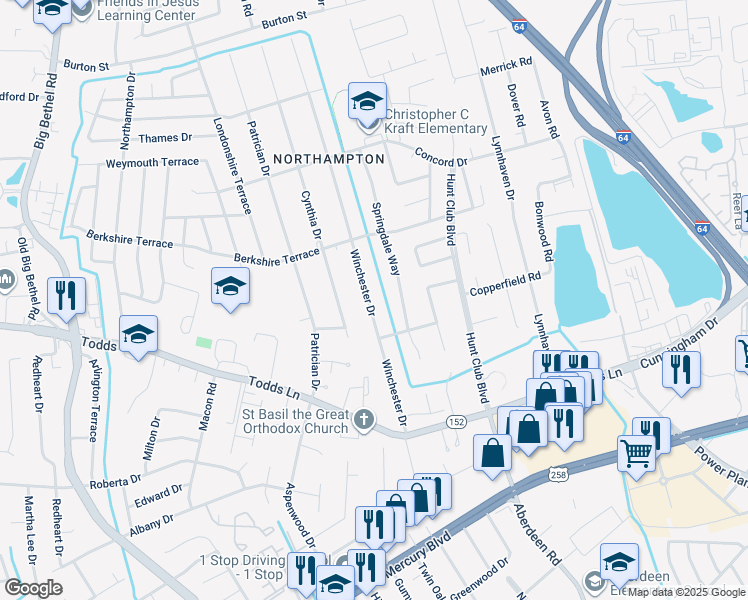 map of restaurants, bars, coffee shops, grocery stores, and more near 144 Winchester Drive in Hampton