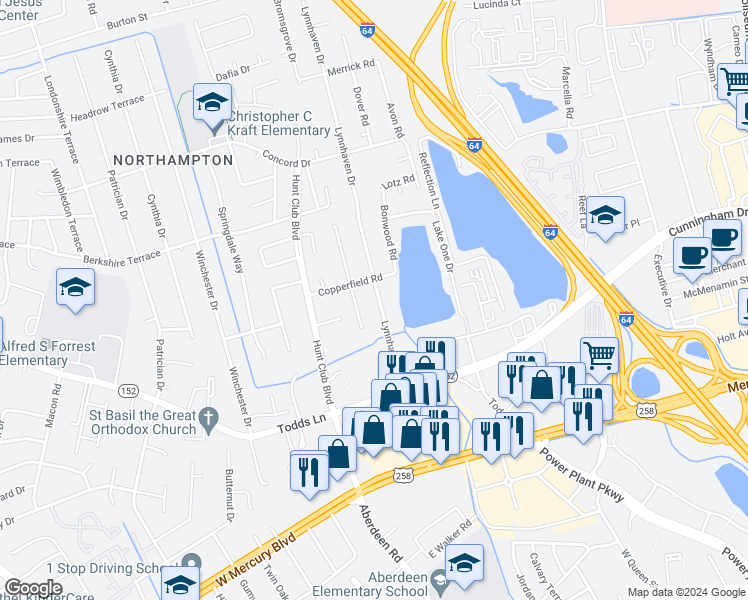 map of restaurants, bars, coffee shops, grocery stores, and more near 33 Lynnhaven Drive in Hampton