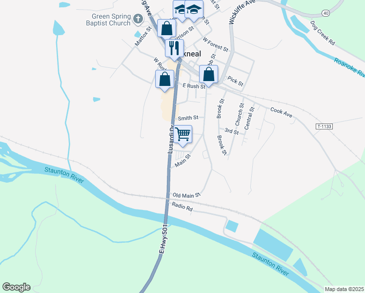 map of restaurants, bars, coffee shops, grocery stores, and more near 425 Lusardi Drive in Brookneal