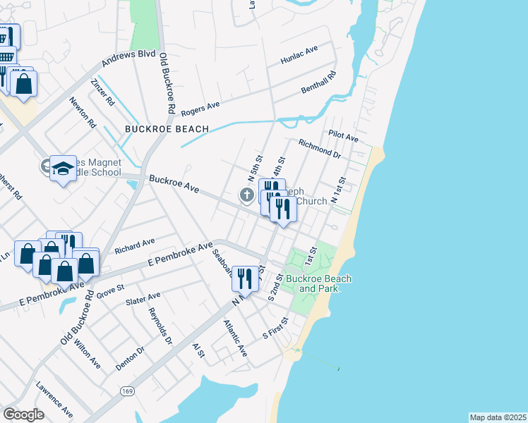 map of restaurants, bars, coffee shops, grocery stores, and more near 410 Buckroe Avenue in Hampton