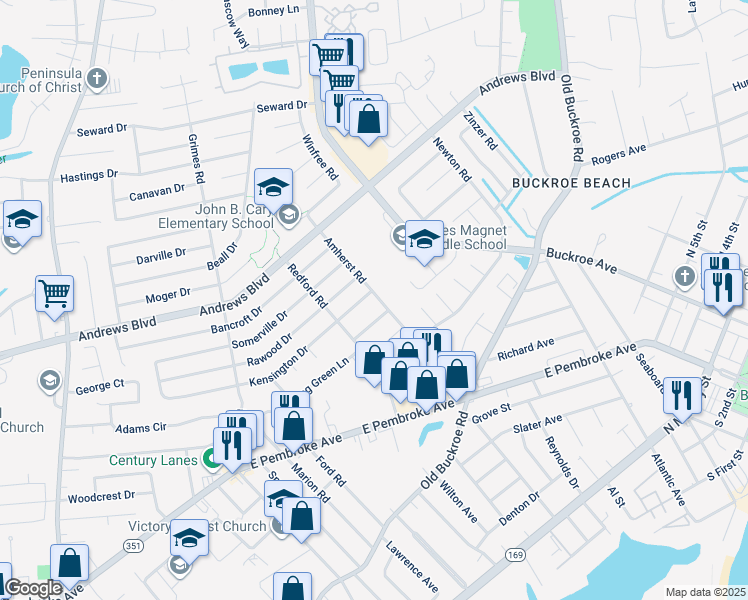 map of restaurants, bars, coffee shops, grocery stores, and more near 2014 Kensington Drive in Hampton