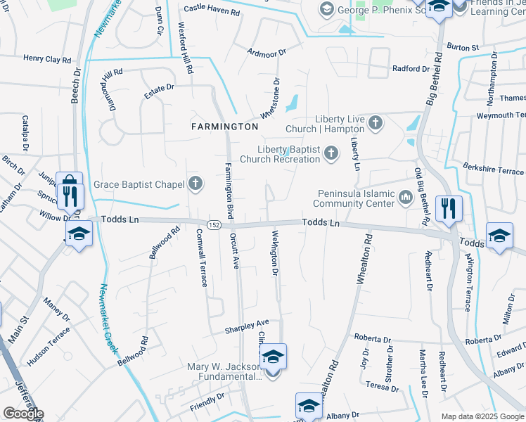 map of restaurants, bars, coffee shops, grocery stores, and more near 3 Ridgecrest Drive in Hampton