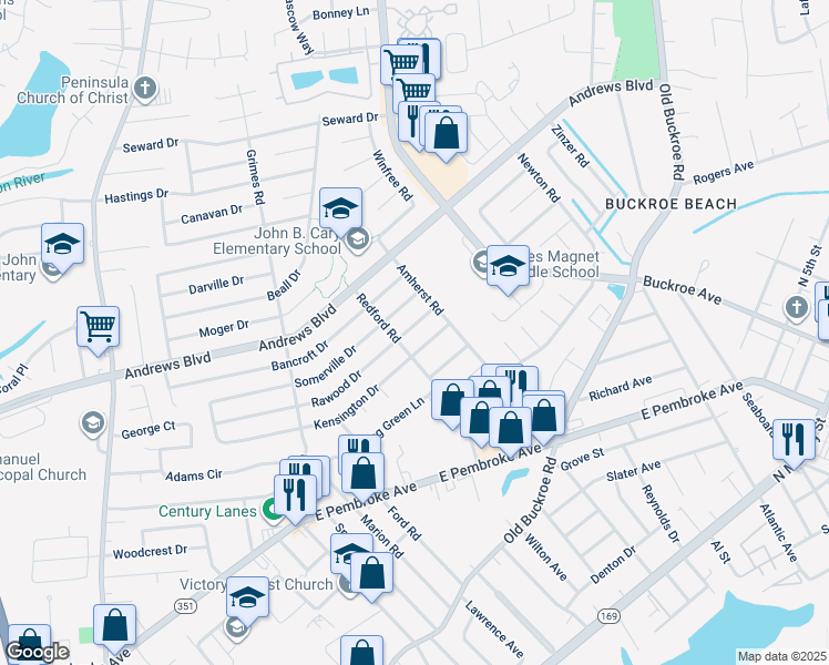 map of restaurants, bars, coffee shops, grocery stores, and more near 2004 Rawood Drive in Hampton