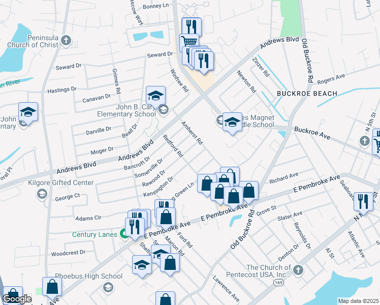 map of restaurants, bars, coffee shops, grocery stores, and more near 2004 Rawood Drive in Hampton