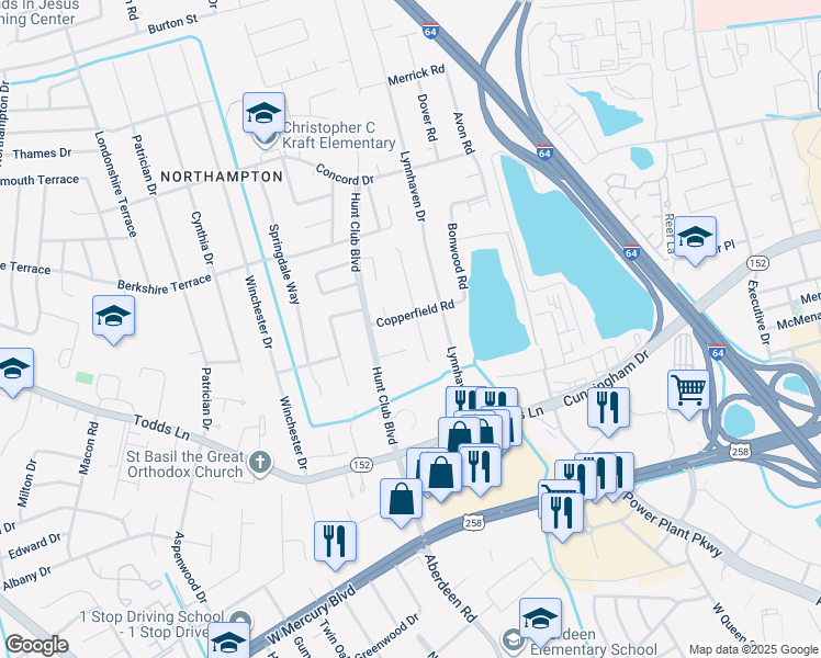 map of restaurants, bars, coffee shops, grocery stores, and more near 13 Keeton Court in Hampton
