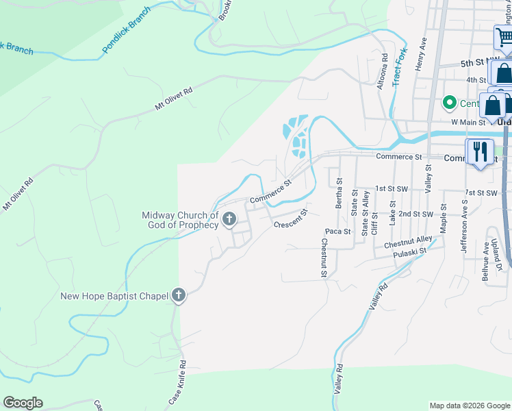 map of restaurants, bars, coffee shops, grocery stores, and more near 1202 Lottier Bottom Road in Pulaski