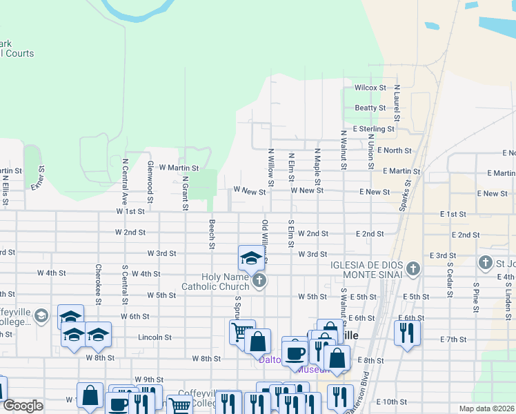 map of restaurants, bars, coffee shops, grocery stores, and more near 108 North Willow Street in Coffeyville