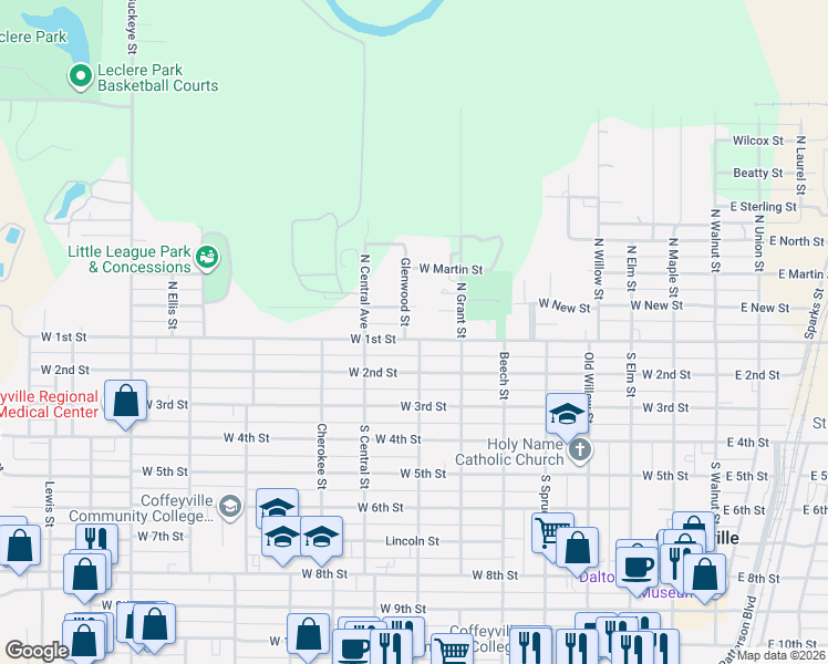 map of restaurants, bars, coffee shops, grocery stores, and more near 720 West 1st Street in Coffeyville