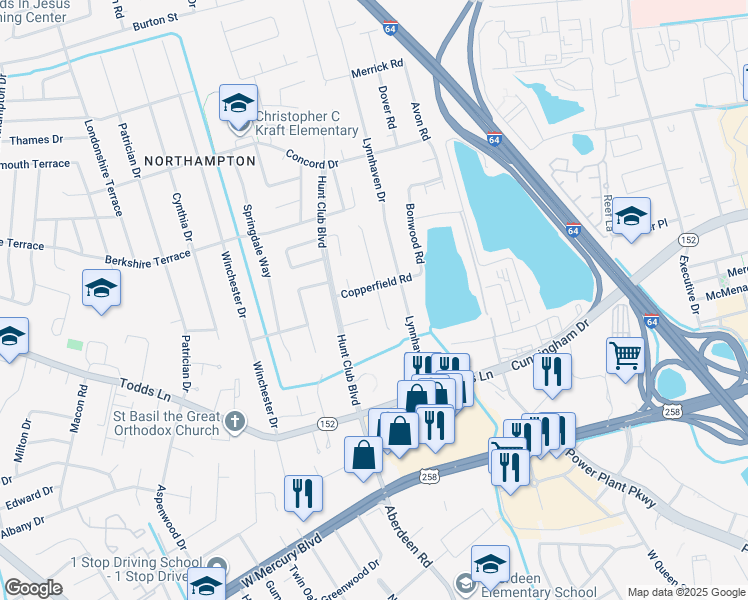 map of restaurants, bars, coffee shops, grocery stores, and more near 13 Keeton Court in Hampton