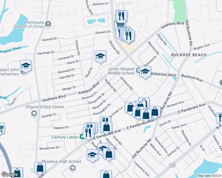 map of restaurants, bars, coffee shops, grocery stores, and more near 1936 Somerville Drive in Hampton