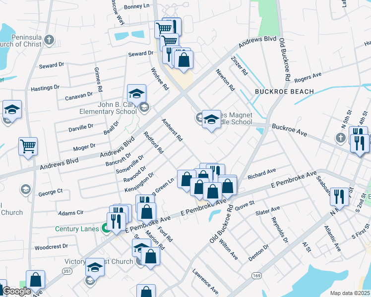 map of restaurants, bars, coffee shops, grocery stores, and more near 2014 Kensington Drive in Hampton