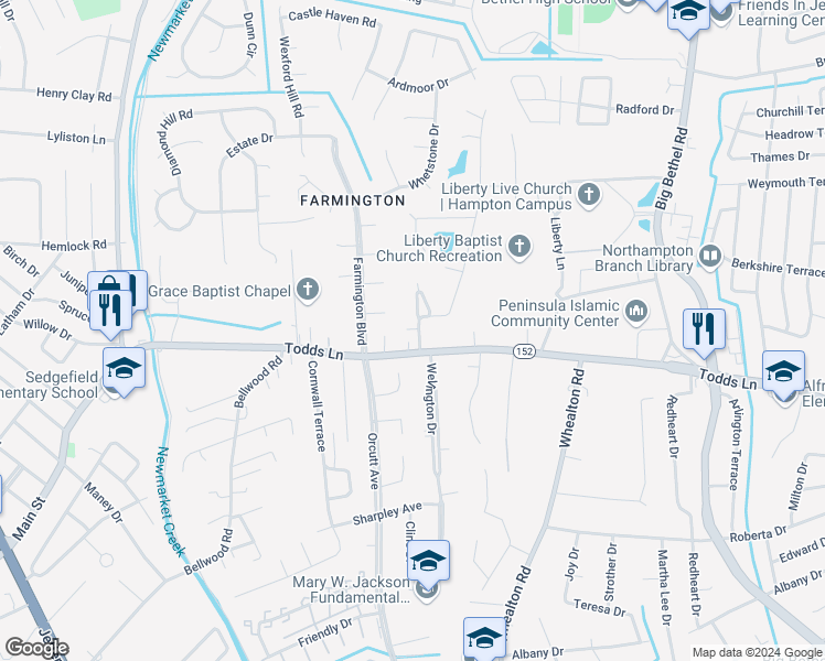 map of restaurants, bars, coffee shops, grocery stores, and more near 3 Ridgecrest Drive in Hampton