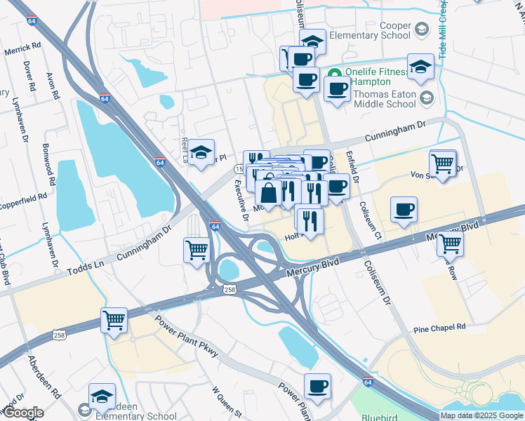 map of restaurants, bars, coffee shops, grocery stores, and more near 3150 Allainby Way in Hampton