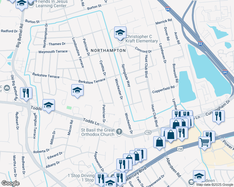 map of restaurants, bars, coffee shops, grocery stores, and more near 151 Winchester Drive in Hampton