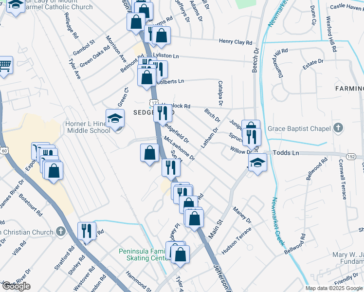 map of restaurants, bars, coffee shops, grocery stores, and more near 615 McLawhorne Drive in Newport News