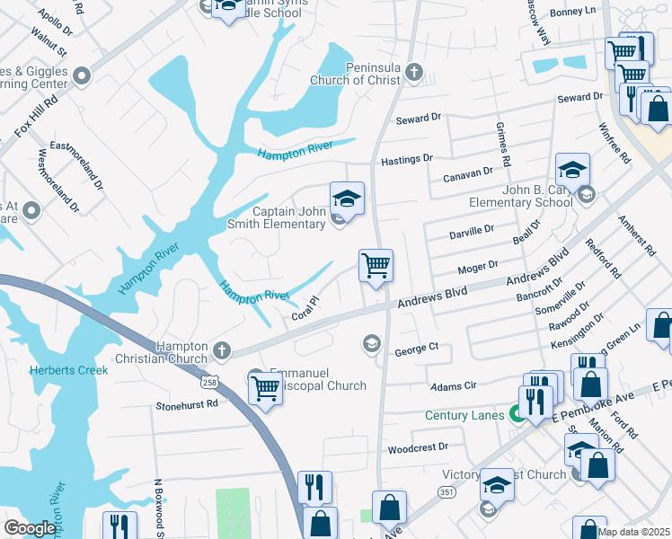 map of restaurants, bars, coffee shops, grocery stores, and more near 1351 Coral Place in Hampton