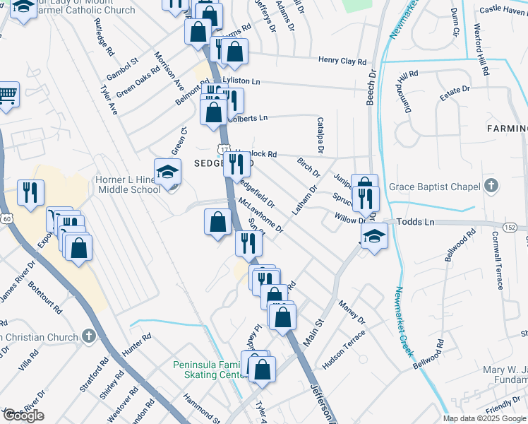 map of restaurants, bars, coffee shops, grocery stores, and more near 615 McLawhorne Drive in Newport News