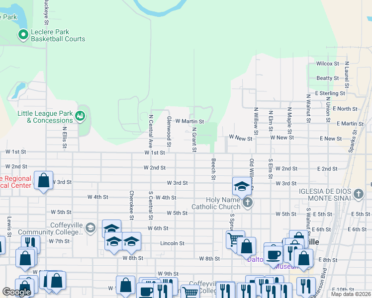 map of restaurants, bars, coffee shops, grocery stores, and more near 701 Hibbard Street in Coffeyville