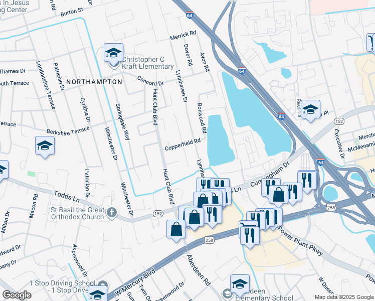 map of restaurants, bars, coffee shops, grocery stores, and more near 10 Keeton Court in Hampton