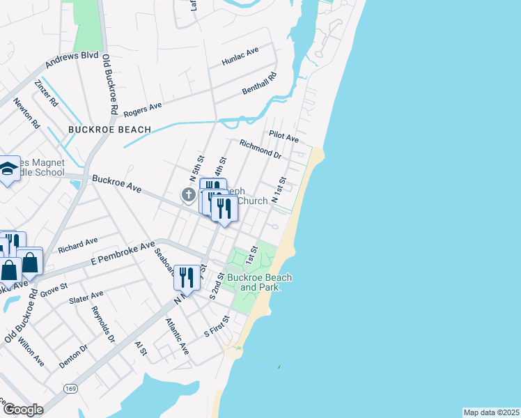 map of restaurants, bars, coffee shops, grocery stores, and more near 139 North 1st Street in Hampton