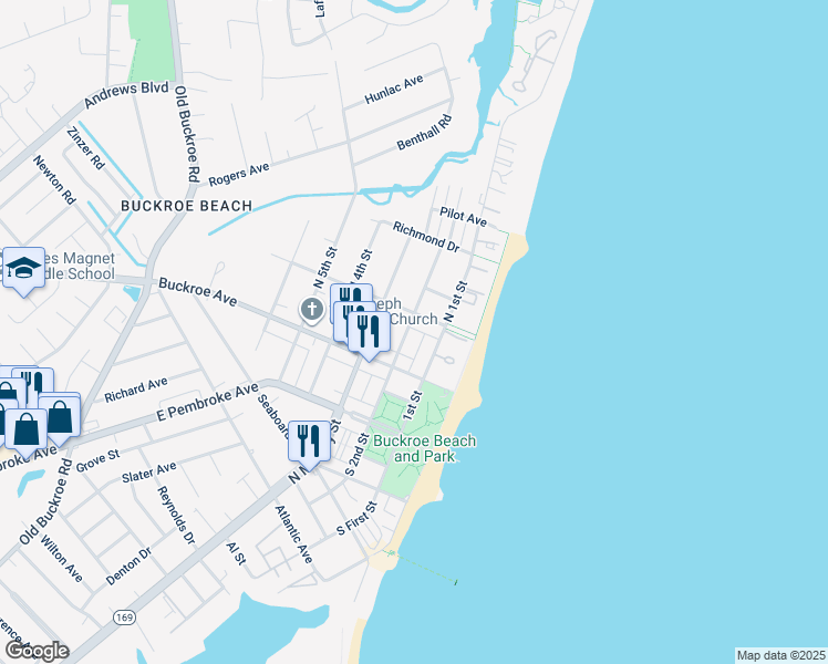 map of restaurants, bars, coffee shops, grocery stores, and more near 130 North 2nd Street in Hampton