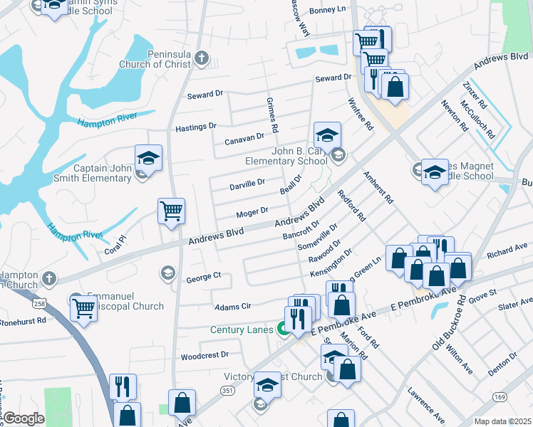 map of restaurants, bars, coffee shops, grocery stores, and more near 1826 Moger Drive in Hampton