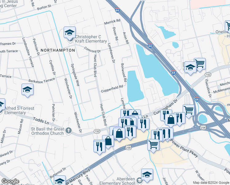 map of restaurants, bars, coffee shops, grocery stores, and more near 10 Keeton Court in Hampton
