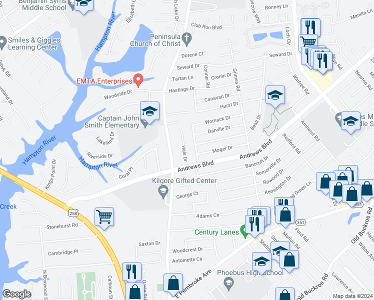map of restaurants, bars, coffee shops, grocery stores, and more near 1210 Hale Drive in Hampton