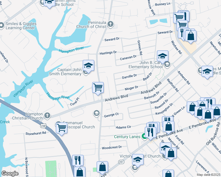 map of restaurants, bars, coffee shops, grocery stores, and more near 1210 Hale Drive in Hampton