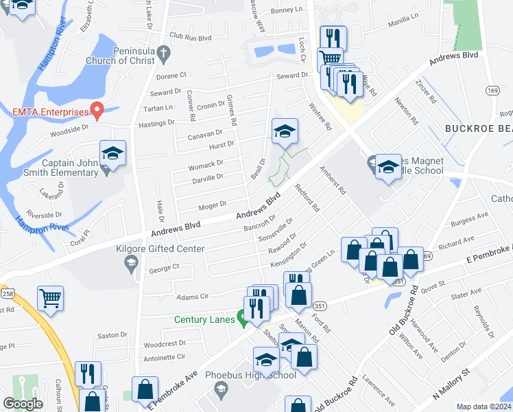 map of restaurants, bars, coffee shops, grocery stores, and more near 1903 Andrews Boulevard in Hampton