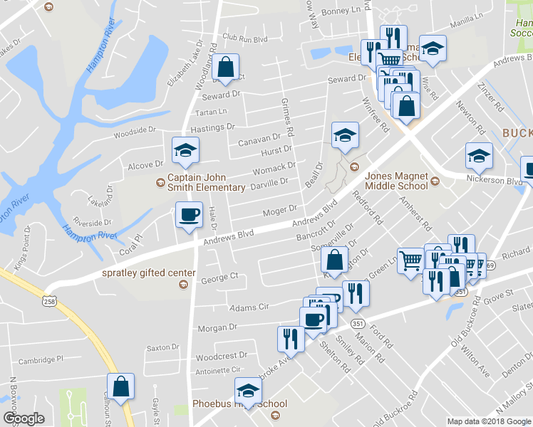 map of restaurants, bars, coffee shops, grocery stores, and more near Moger Drive in Hampton