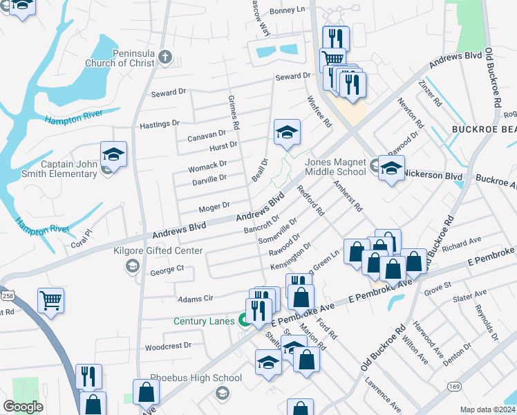 map of restaurants, bars, coffee shops, grocery stores, and more near 1903 Andrews Boulevard in Hampton