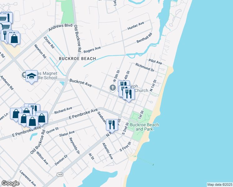 map of restaurants, bars, coffee shops, grocery stores, and more near 410 Buckroe Avenue in Hampton