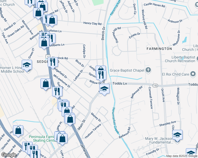 map of restaurants, bars, coffee shops, grocery stores, and more near 722 Spruce Road in Newport News