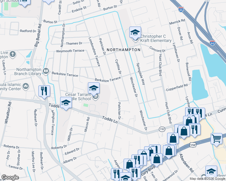 map of restaurants, bars, coffee shops, grocery stores, and more near 119 Patrician Drive in Hampton