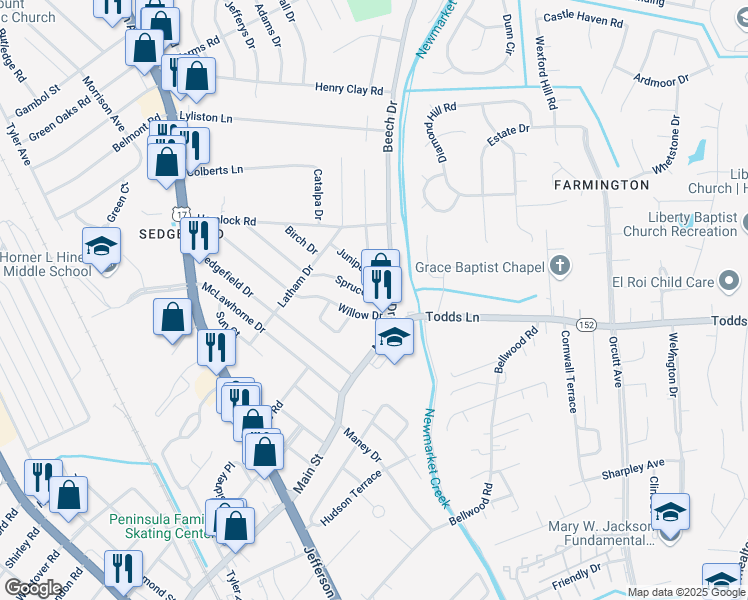 map of restaurants, bars, coffee shops, grocery stores, and more near 722 Spruce Road in Newport News