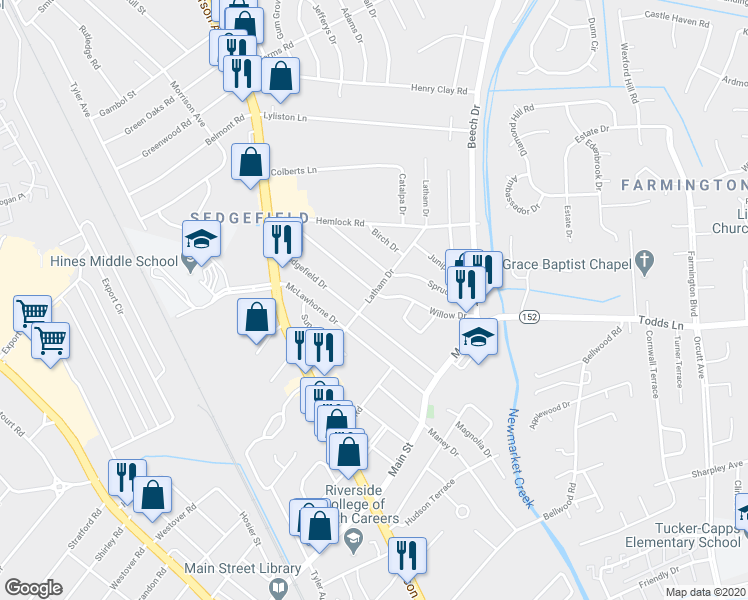 map of restaurants, bars, coffee shops, grocery stores, and more near 200 Latham Drive in Newport News