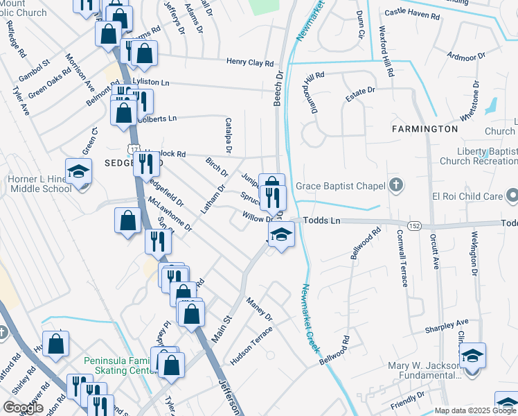 map of restaurants, bars, coffee shops, grocery stores, and more near 724 Spruce Road in Newport News
